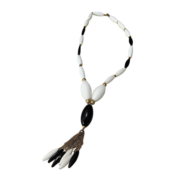 60s Lariat Tie Necklace Black White Oblong Beads Gold Tone Spacers Chain [Vintage]