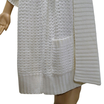 1990s Knit Wool Cardigan Cream Long Boho Open Front Short Sleeve Sweater Size L