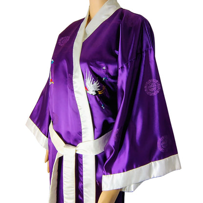 1980s Japanese Rich Royal Purple Kimono Embroidered Crane White Trim One Size [Vintage]
