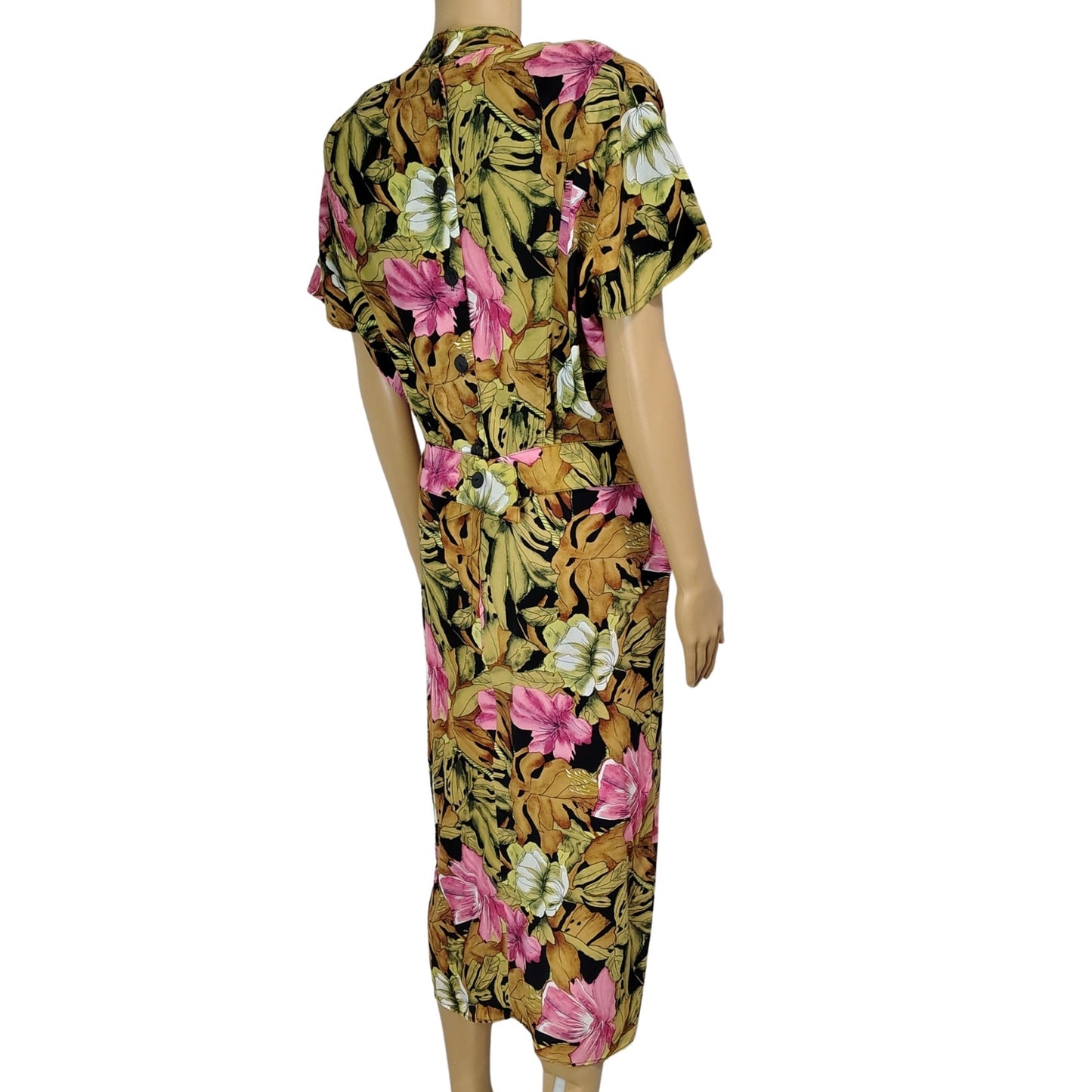 1980s April Rain Tropical Wiggle Dress Shoulder Pads Button Up Back Size Small [Vintage]
