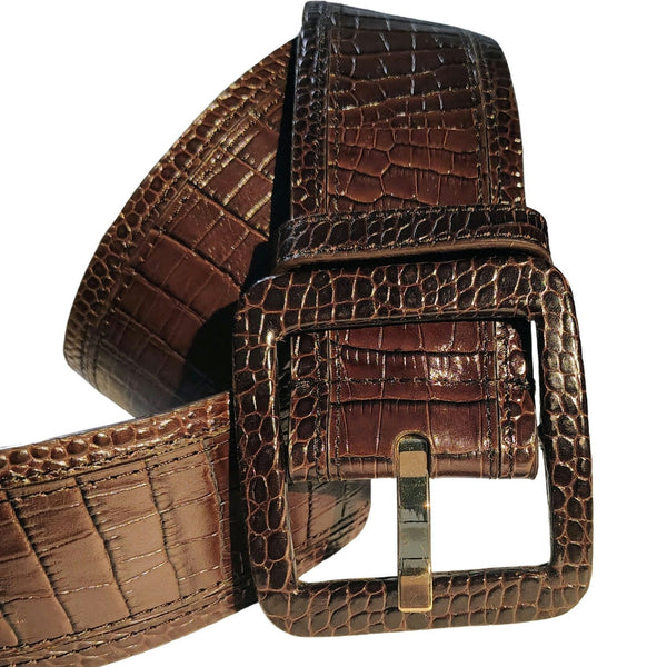 Brown Faux Crocodile Leather Designed Genuine Leather Wide Belt Ann Taylor SZ Lg