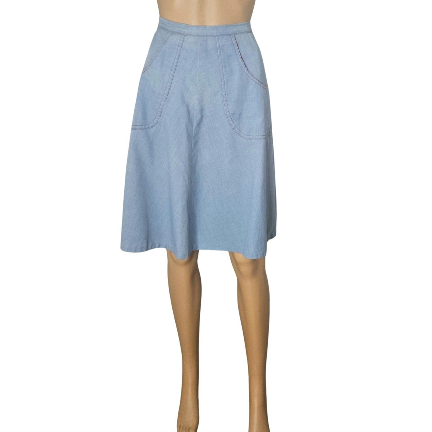 1970s Blue Red White Midi Wrap Skirt Plaid Accents Lining Hand Made Size XS [Vintage]