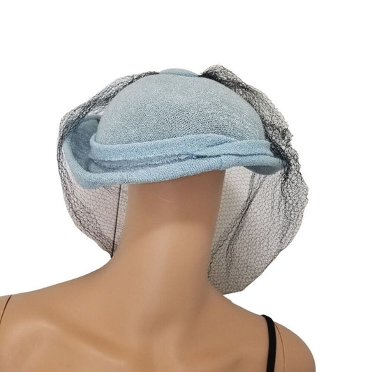 1940s Pointed Blue Hat with Long Black Veil Turned Up Brim Size 7 1/2 [VINTAGE]