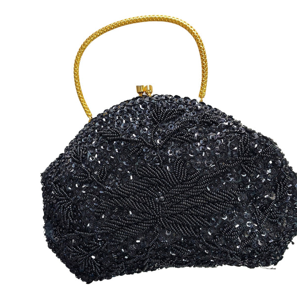 1960s Black Beaded Evening Bag Kiss Closure Handbag Gold Metal Top Handle Purse [Vintage]