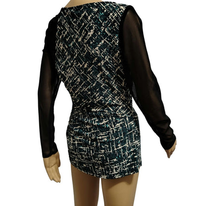 Sheer Long Sleeve Abstract Print Bodycon Top Black Green Anne Klein Size 8