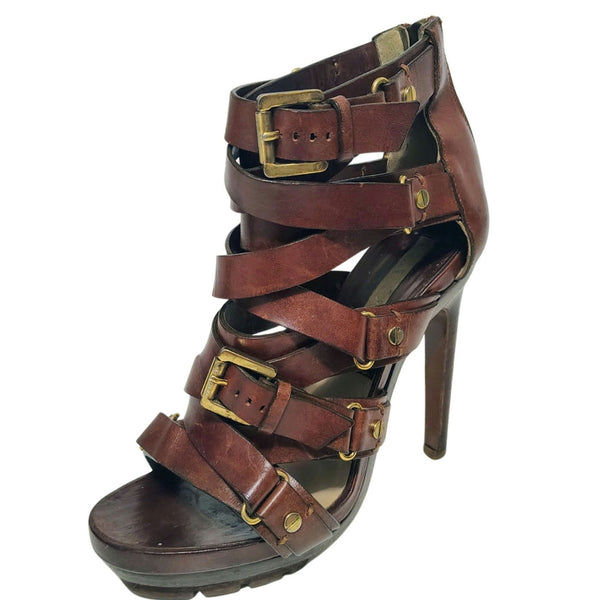 Michael Kors Collection Extreme Strap Brown Leather Platform Gladiator Size 9.5