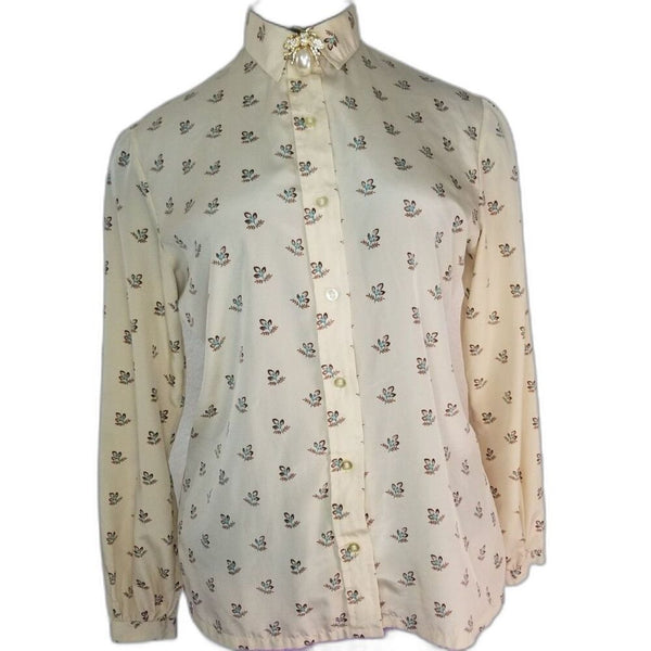 70s Vintage Beige Button Up Collar Brown Floral Print Shirt Size Small Medium