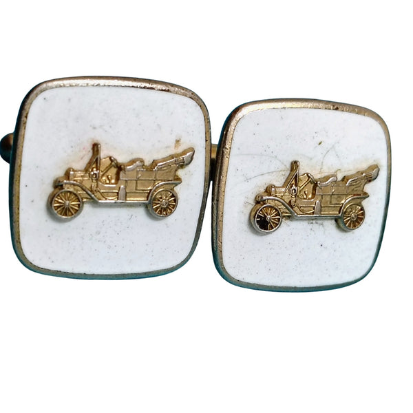 1950s White Enamel Cufflinks with Gold Metal Roadster Gently Used Set of Two