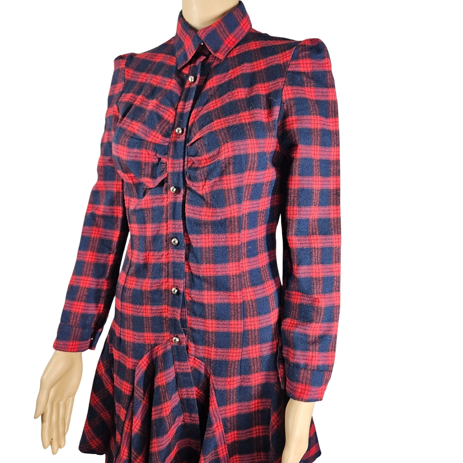 Red Blue Plaid Long Sleeve Button Up Shirt Mini Dress With Circle Skirt Size XS