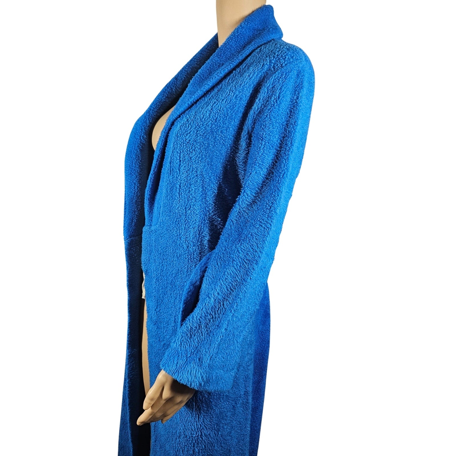 1970s Electric Blue Shaggy Full Length Robe Matching Belt Teddy Bear Fleece