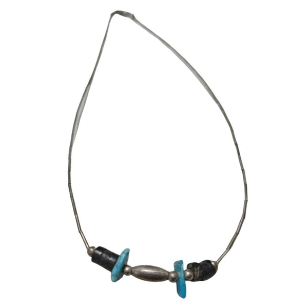 1970s Sterling Silver Liquid +  Turquoise Stones Bohemian Hippy Necklace