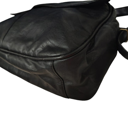 80s Black Faux Leather Crossbody Tote Medium Size Adjustable Hook Loop Closures