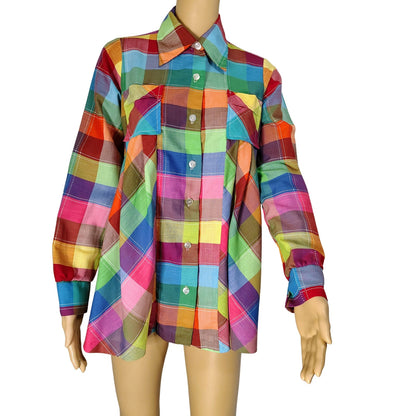 1970s Sears Rainbow Pleated Maternity Button Up Long Sleeve Shirt Size 7/8 [Vintage]
