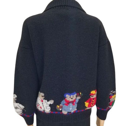 Hand Knit Pure Wool Pullover Collar Sweater Teddy Bear Motif Medium [VINTAGE]