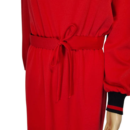 1970s Red Black Marty Gutmacher Petite High Neck Long Sleeve Midi Dress Size 10 [Vintage]