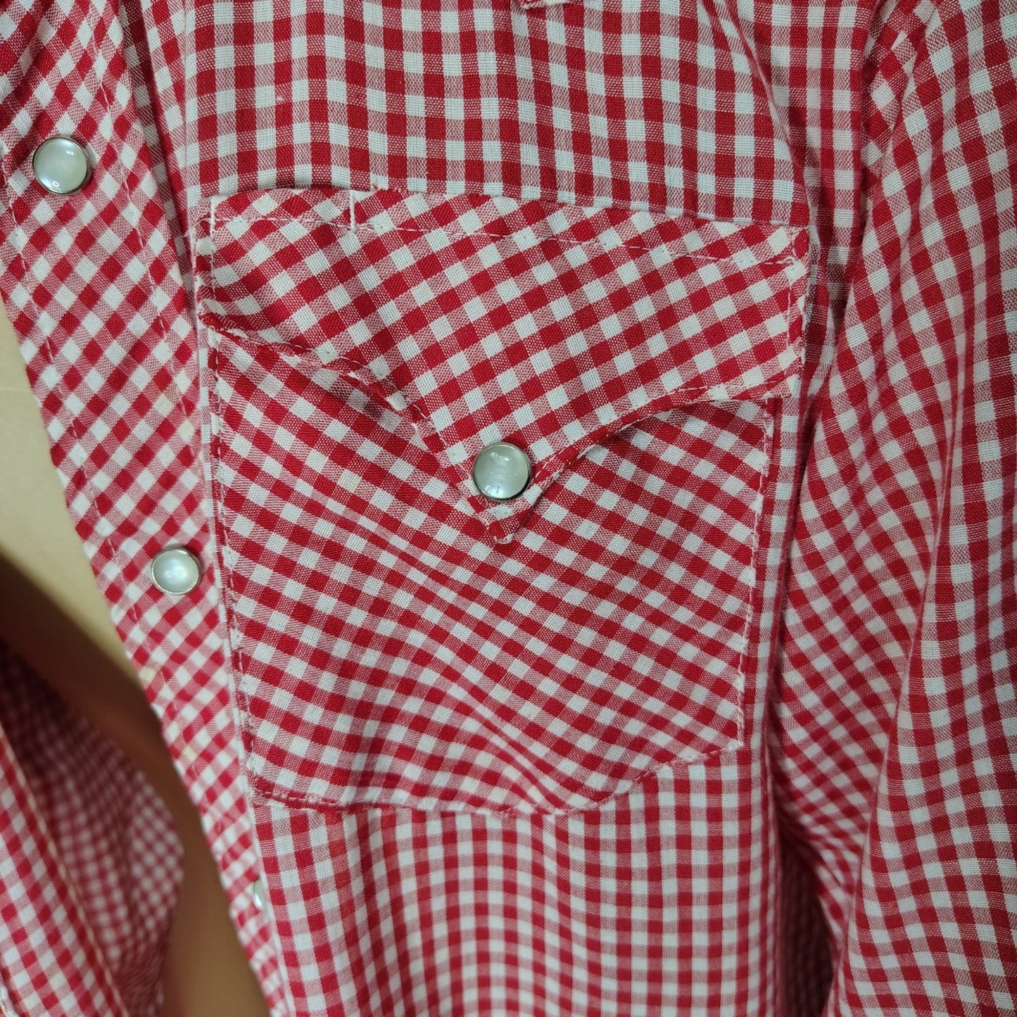 Ranchwear H Bar C Red White Checker Plaid Button Up Shirt Pearl Snaps  Size 16.5 [Vintage]