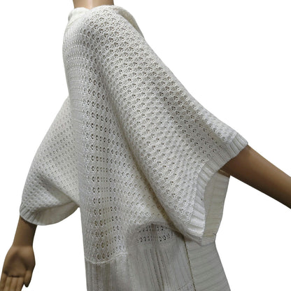 1990s Knit Wool Cardigan Cream Long Boho Open Front Short Sleeve Sweater Size L