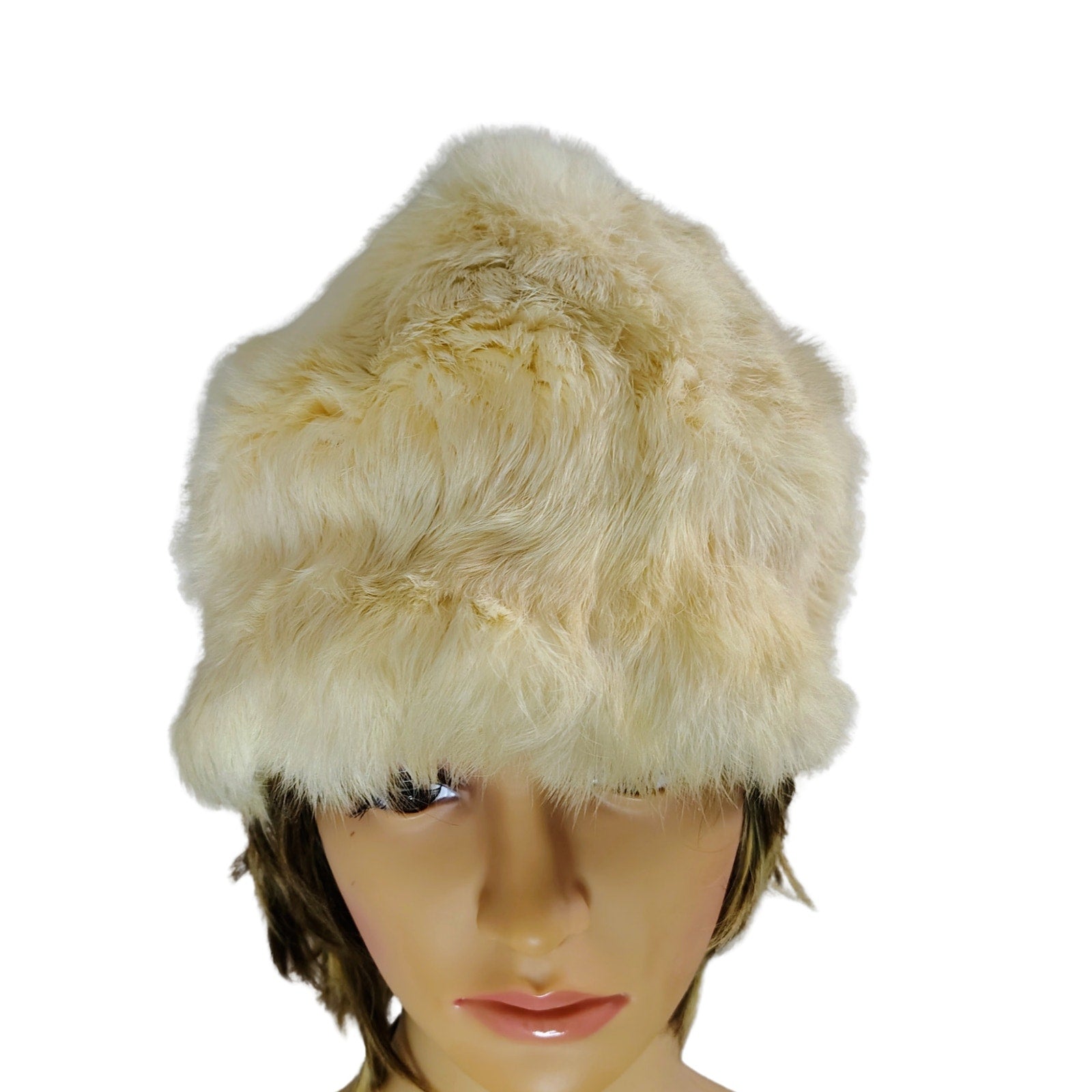 1950s Cream Real Fur Tall Pillbox Cossack Style Winter Hat [Vintage]