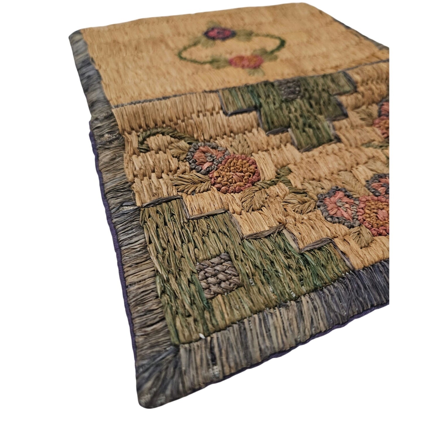 1940s Handwoven Grass Clutch Wallet Bag Floral Motiff Gently Used 8 x 6 Inch