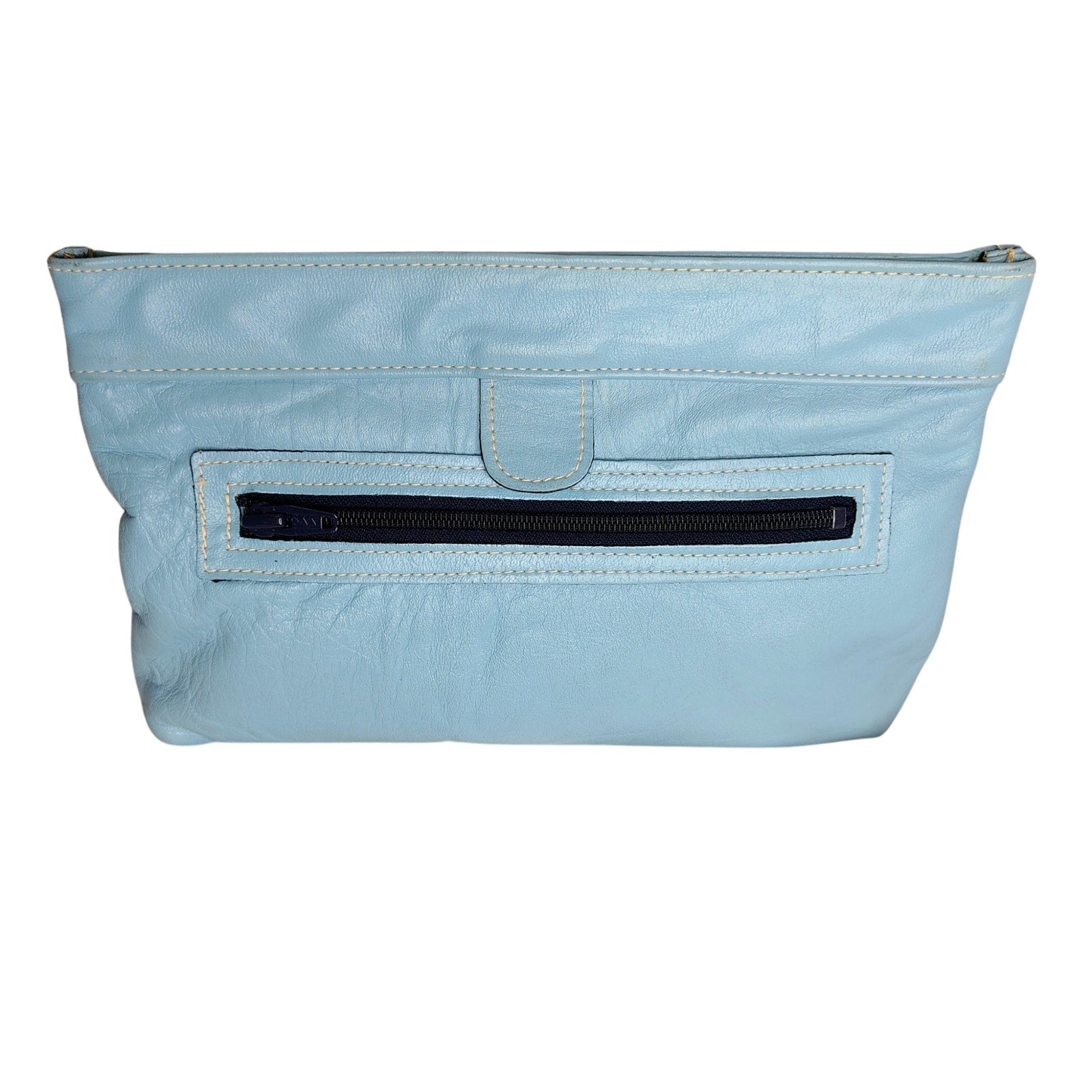 1970s Davey's Baby Blue Vintage Leather Tension Lock Clutch Handbag Made in USA [Vintage]