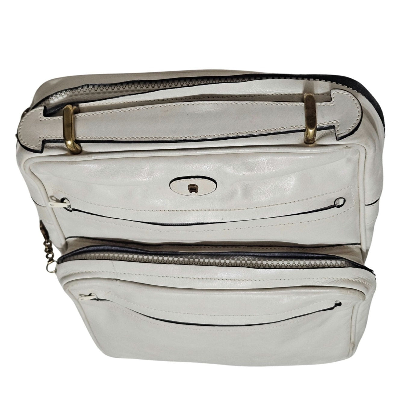 1980s Cream Etienne Aigner Top Handle Square Leather Two Pouch Top Zip Bag [vintage]