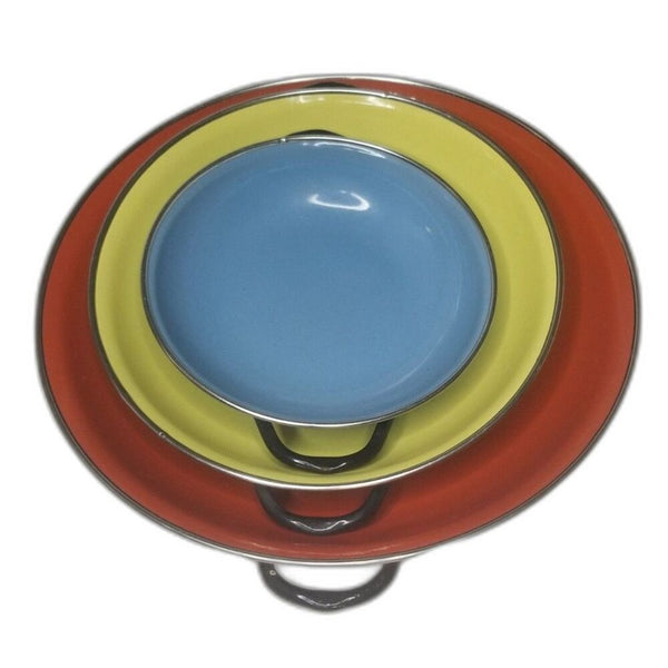 Vintage Enamelware Saute 3 Paella Nestling Pan Set Red Blue Yellow Black