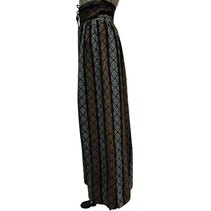 1960s High Waisted Handmade Tribal Boho Print Maxi Skirt Grommet Tie Front Size XXS [VINTAGE]