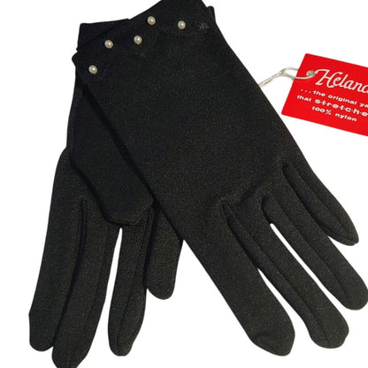 Black Mini Cream Pearl Nylon Evening Gloves New With Tag Mint Vintage Helena