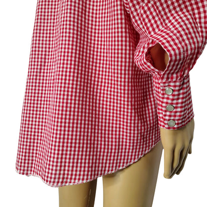 Ranchwear H Bar C Red White Checker Plaid Button Up Shirt Pearl Snaps  Size 16.5 [Vintage]