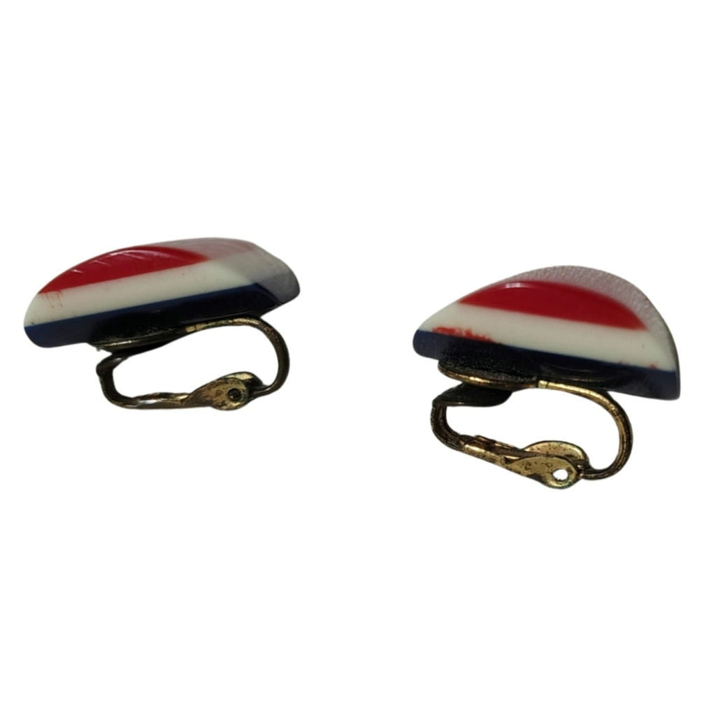 1980s Lucite Red White Blue Clip On Earrings Stacked Design [Vintage]