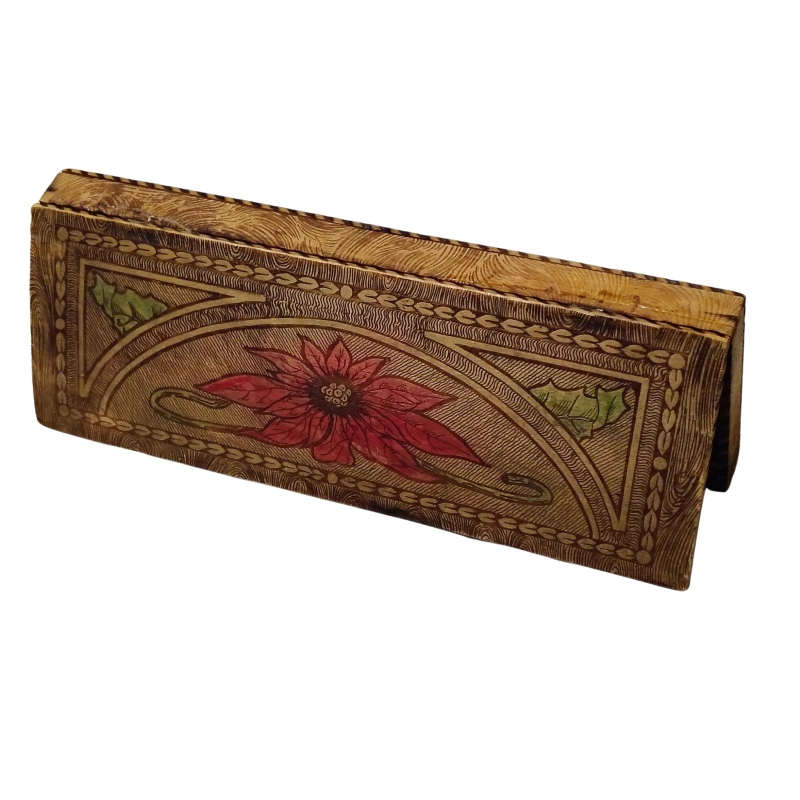 1930s Pyrography Glove Box Wooden Engraved Box Keepsake [Antique]