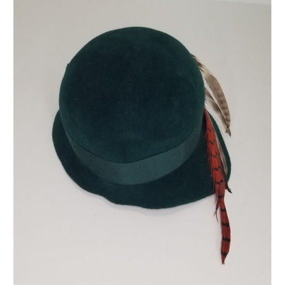 1960s Green Frank Olive Wool Hat Long Feathers Hat Band and Double Bow [VINTAGE]