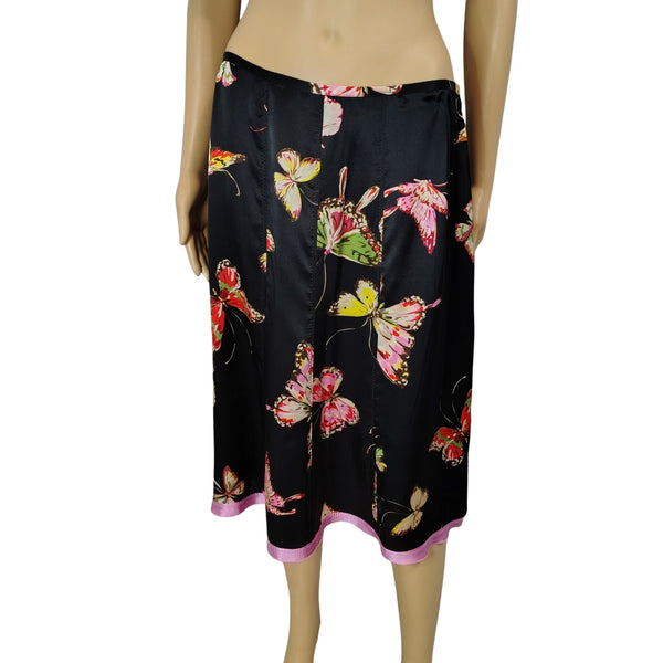 100% Silk Butterfly Print Pink Black Gerard Darel A Line Skirt Size 6 US 42 EU
