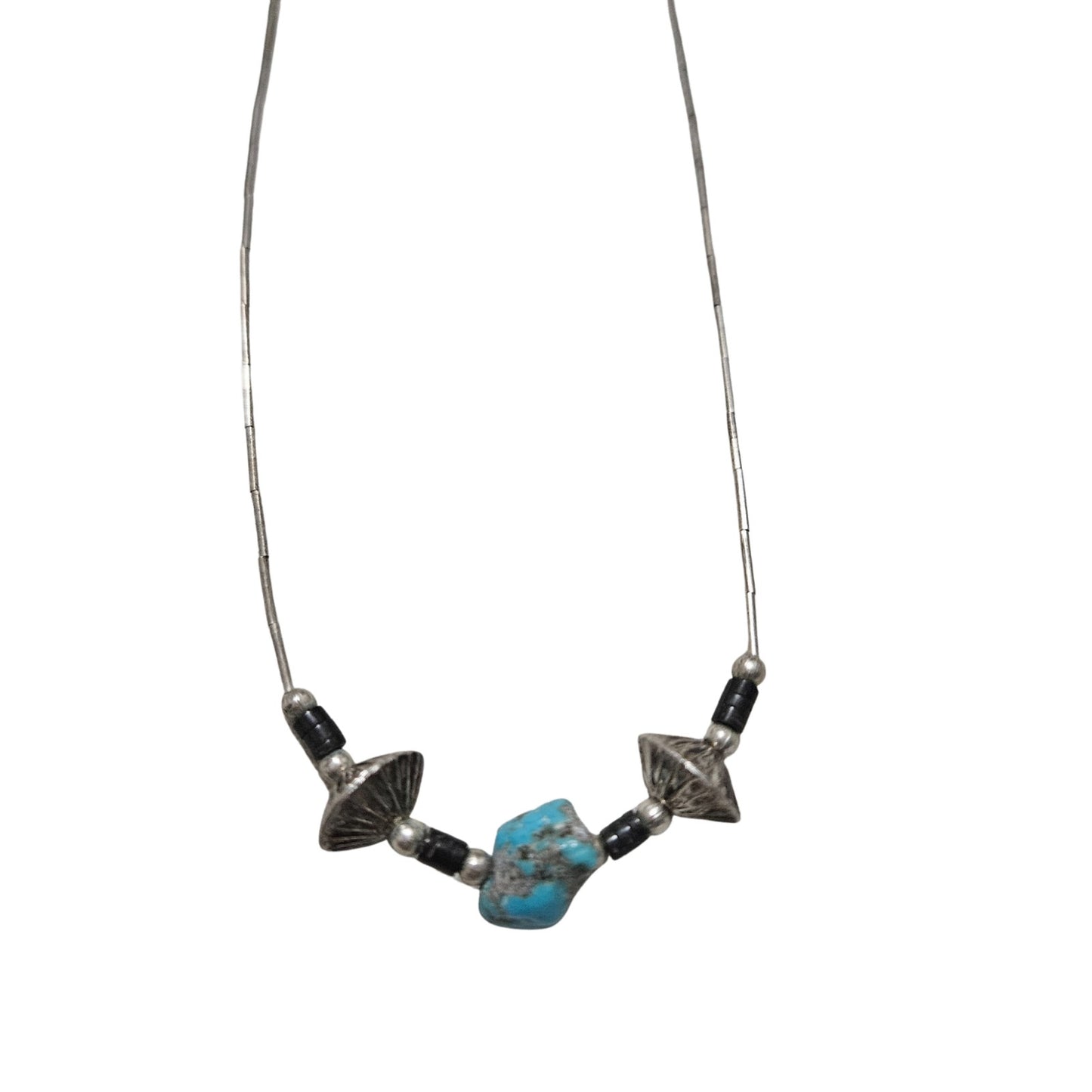 1970s Sterling Silver Liquid Beads Turquoise Stone Necklace