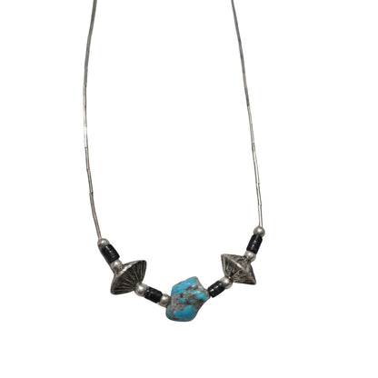 1970s Sterling Silver Liquid Beads Turquoise Stone Necklace