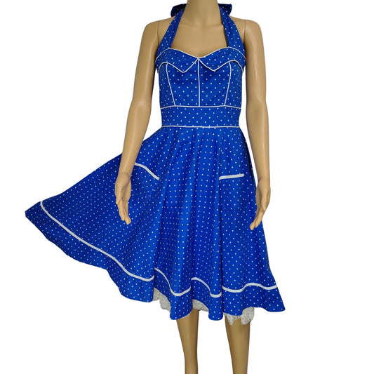 Hell Bunny Rockabilly Dress Blue White Halter Polka Dot Fit Flare Pinup Size Medium