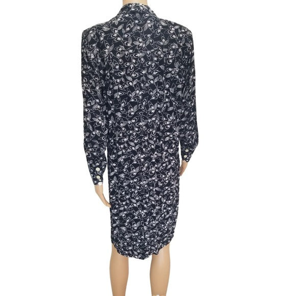1980s Liz Claiborne Petite Black Long Sleeve Floral Shirt Dress Size 8P [VINTAGE]