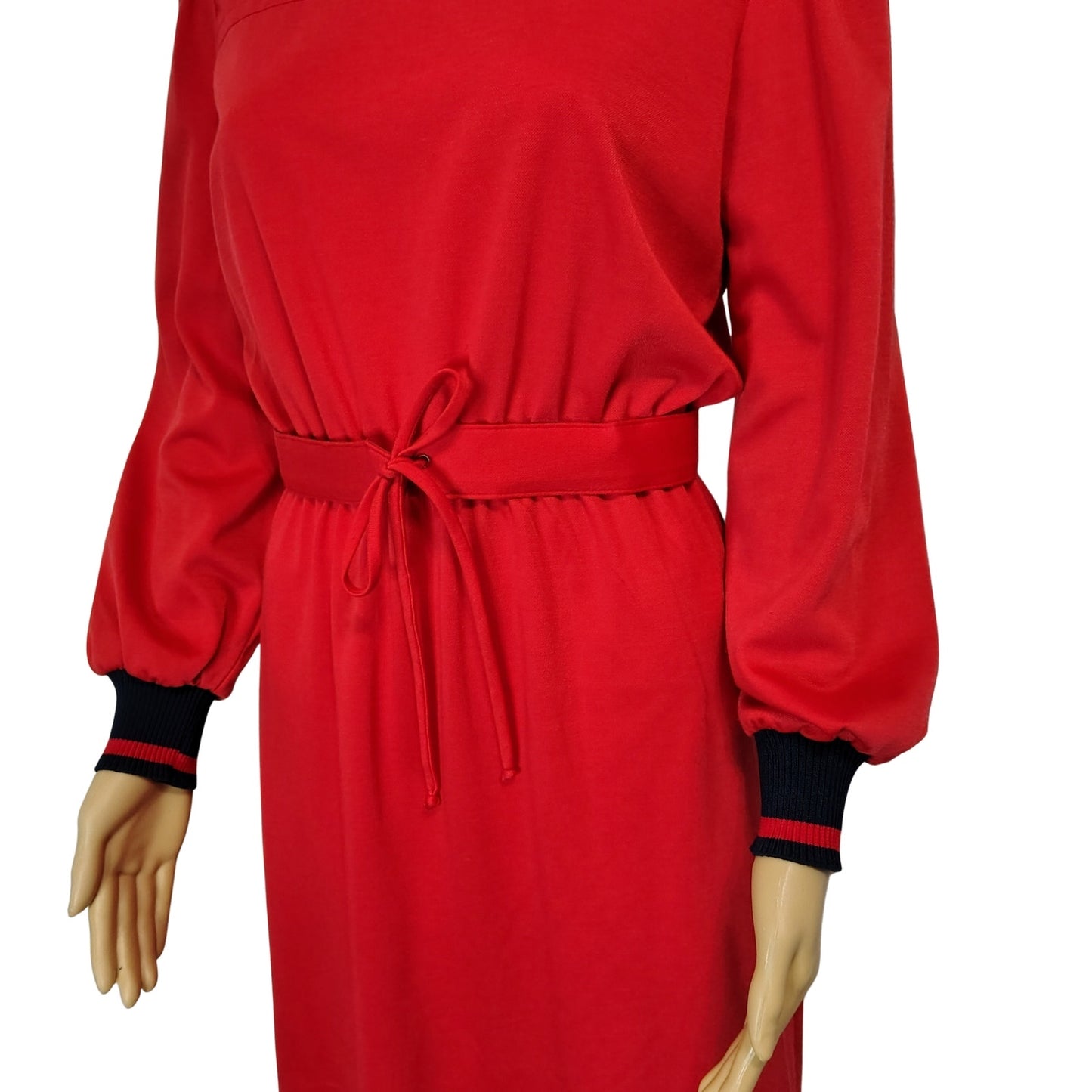 1970s Red Black Marty Gutmacher Petite High Neck Long Sleeve Midi Dress Size 10 [Vintage]