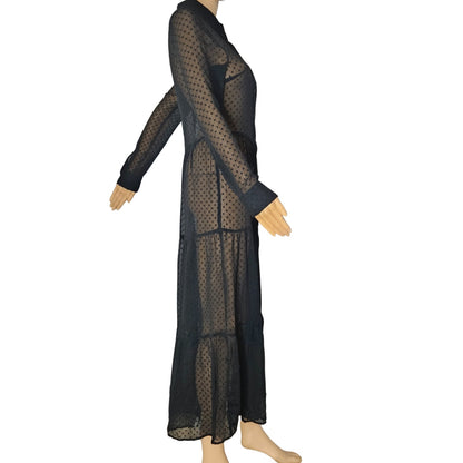 Black Sheer Polka Dot A Line Button Up Collar Shirt Dress Size 8 US 40 EUR