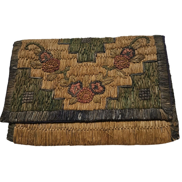 1940s Handwoven Grass Clutch Wallet Bag Floral Motiff Gently Used 8 x 6 Inch