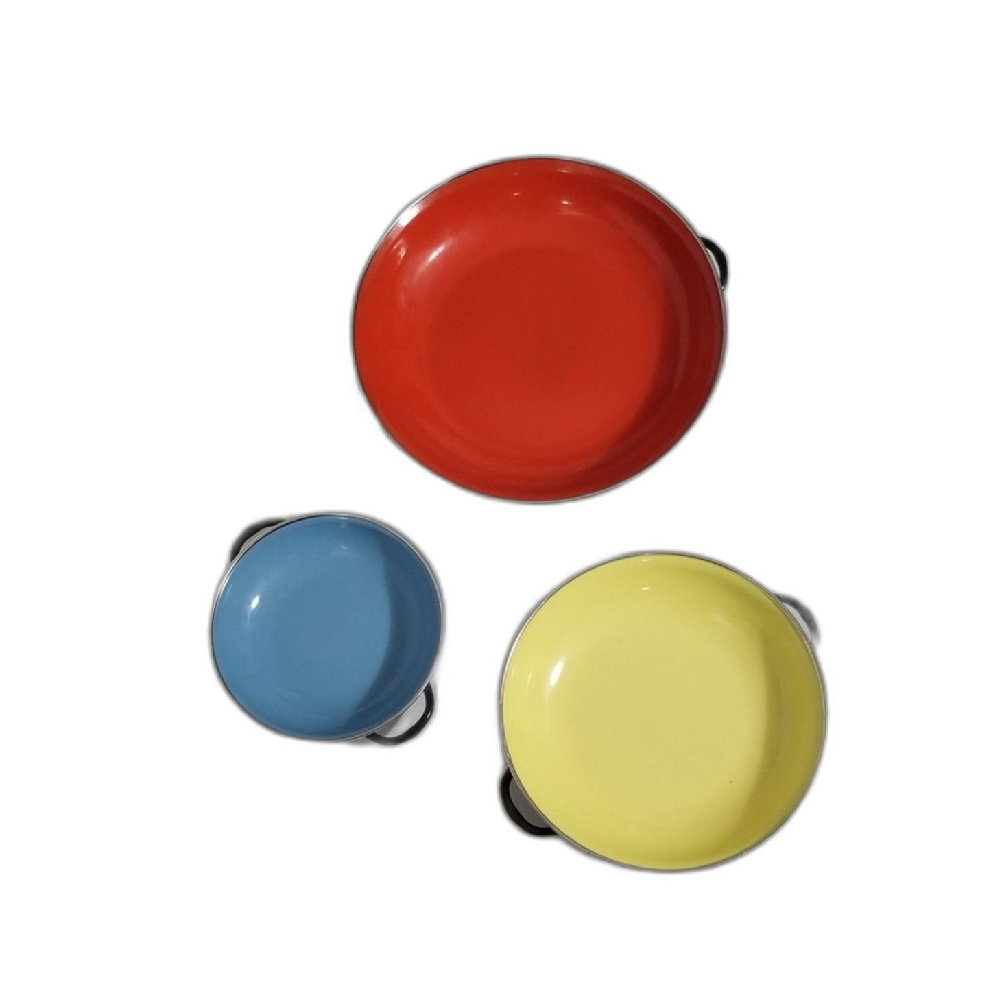 Vintage Enamelware Saute 3 Paella Nestling Pan Set Red Blue Yellow Black