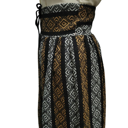 1960s High Waisted Handmade Tribal Boho Print Maxi Skirt Grommet Tie Front Size XXS [VINTAGE]