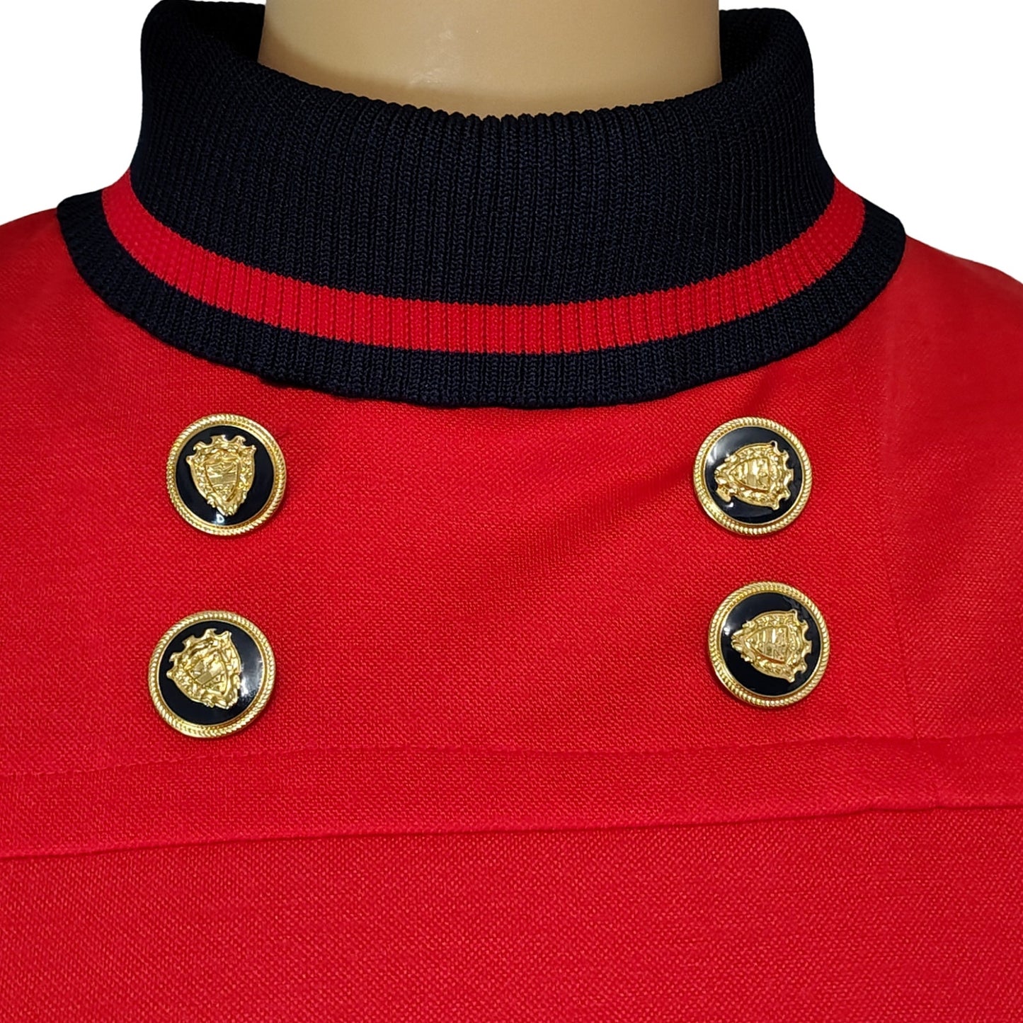 1970s Red Black Marty Gutmacher Petite High Neck Long Sleeve Midi Dress Size 10 [Vintage]