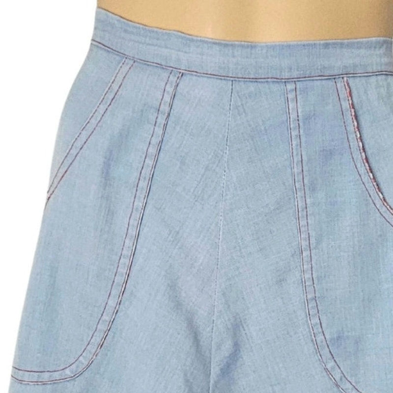 1970s Blue Red White Midi Wrap Skirt Plaid Accents Lining Hand Made Size XS [Vintage]