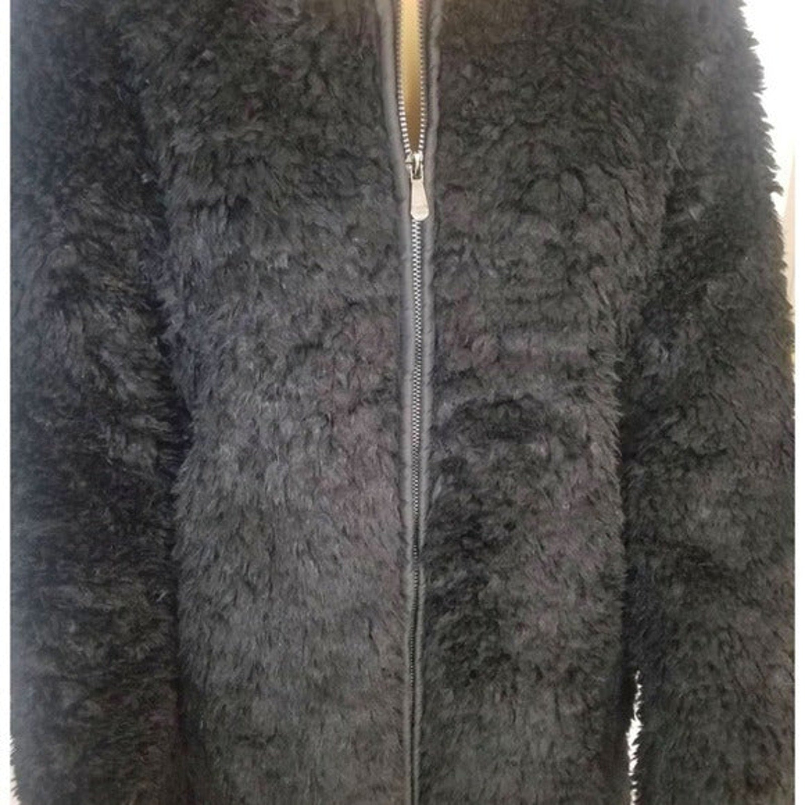 1990s Long Black Faux Sheep Fur Box Cut Zip Up Coat Nearly New Size Medium [Vintage]