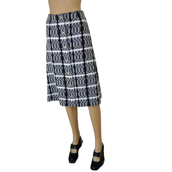1960s Black White Chevron Plaid A Line Handmade Button Up Midi Skirt Size XS [Vintage]