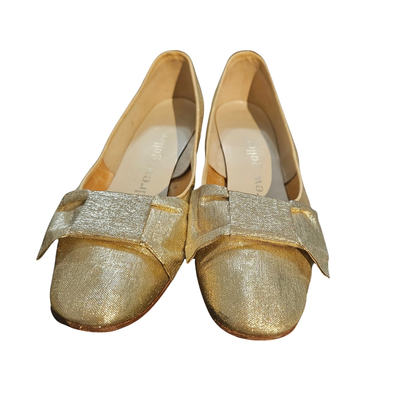 Vintage 1960s Andrew Geller Metallic Gold Bow Heels Round Toe Size 6.5 B / AA [Vintage]