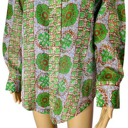 70s Green Polynesian Style Wing Tip Button Up Permanent Press Shirt Size Medium