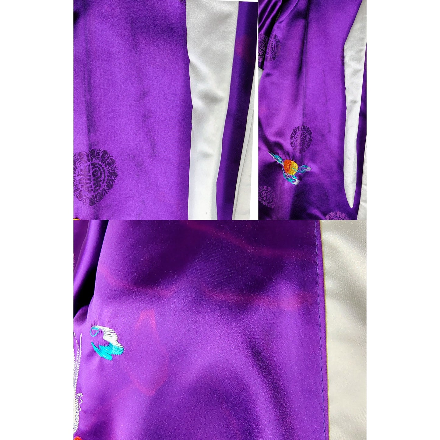 1980s Japanese Rich Royal Purple Kimono Embroidered Crane White Trim One Size [Vintage]