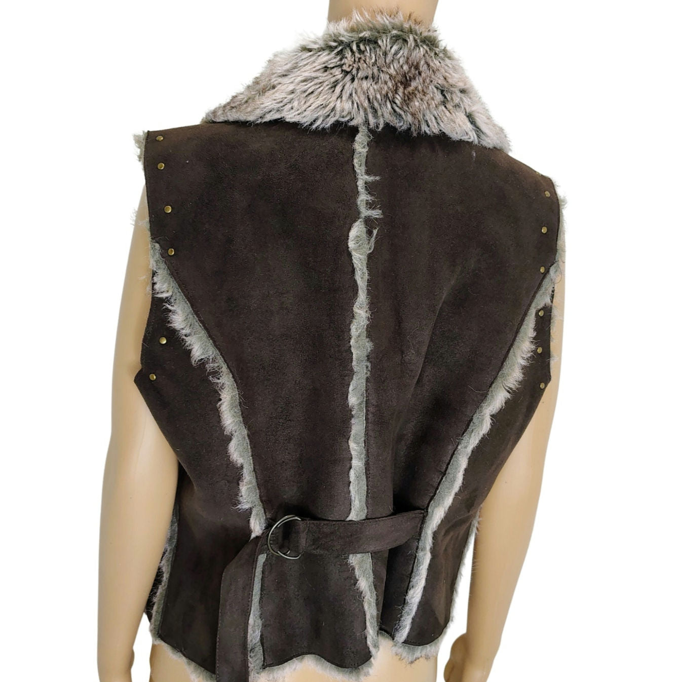 Faux Fur Mocha Brown Vegan Leather Lined Patchwork Studded Vest Size Large
